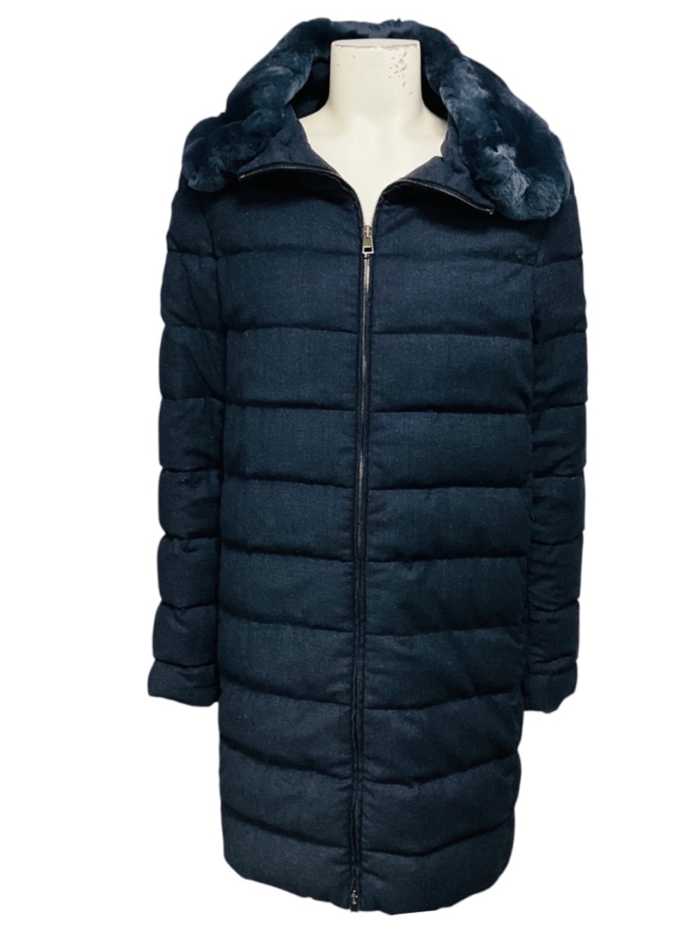 AMINA RUBINACCI BLUE QUILTED ZIP FRONT WOOL PUFFER COAT WITH FUR COLLAR